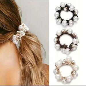 New 3pc Glass Stones & Pearl Ponytail Holder Set